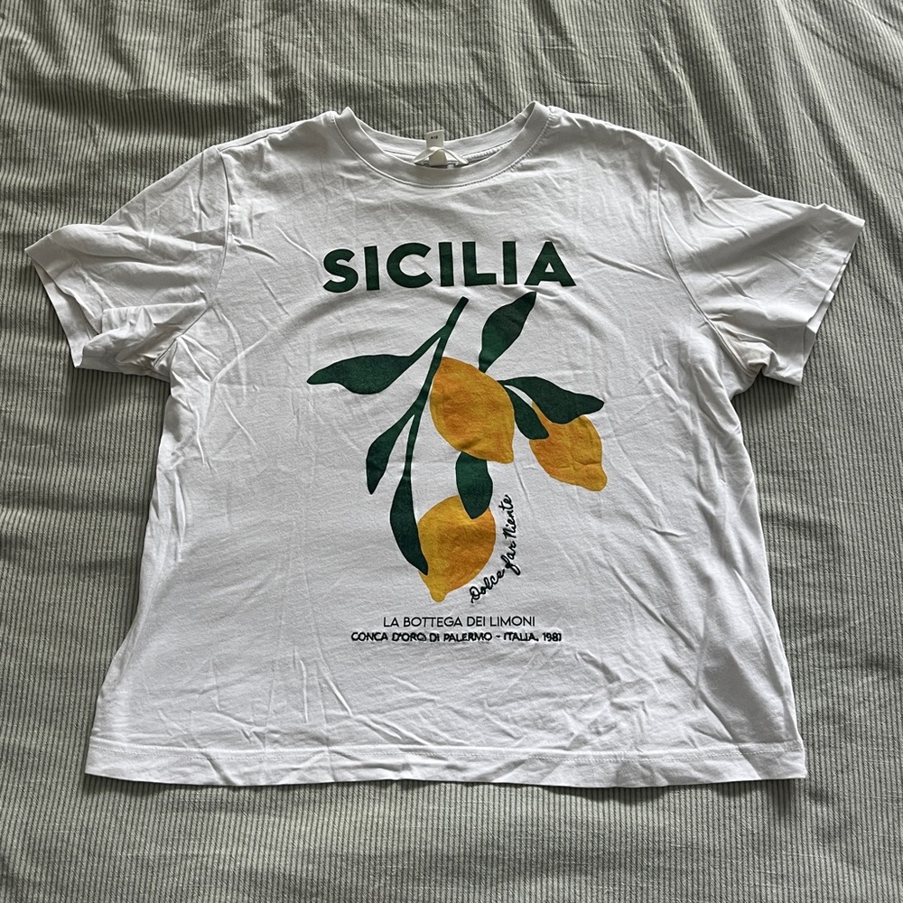 H&M White and Green Sicilia Short Sleeve Tee